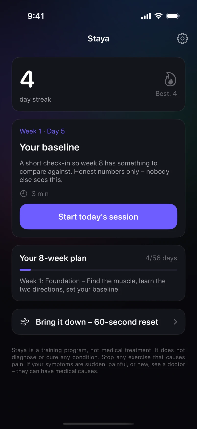 Staya home screen with a 4-day streak and today's session