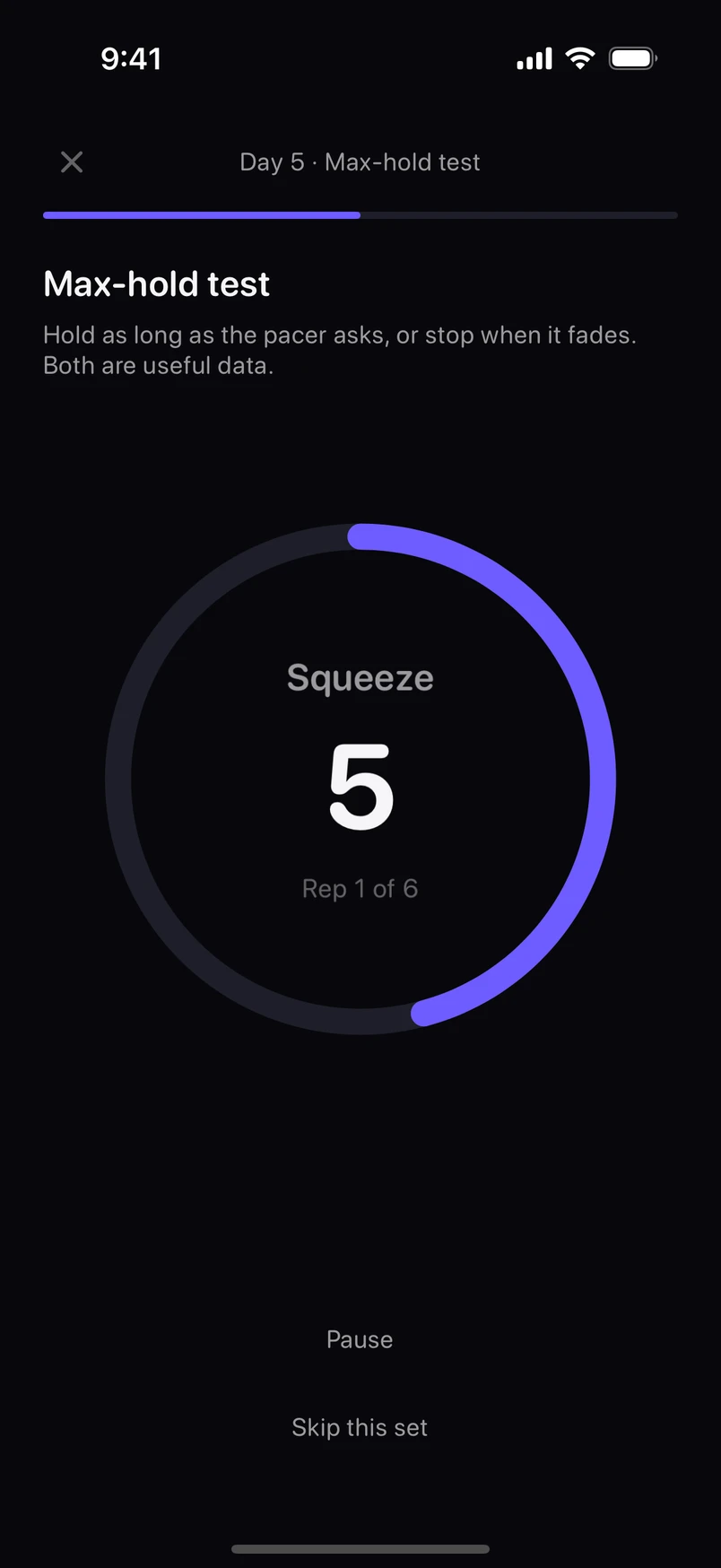 Staya session pacer mid-set: a guided squeeze with a countdown ring